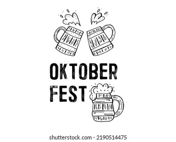 Oktoberfest 2022 - Beer Festival. Hand-drawn set of Doodle Elements. German Traditional holiday. Outline of wooden beer mugs with lettering on a white background.