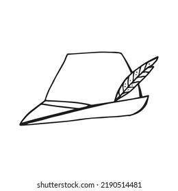 Oktoberfest 2022 - Beer Festival. Hand-drawn Doodle outline hat with a feather on a white background. German Traditional holiday. 