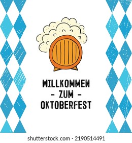 Oktoberfest 2022 - Beer Festival. Hand-drawn Doodle Elements. German Traditional holiday. Color barrel of beer on a white background with blue rhombuses and lettering.