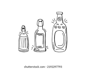 Oktoberfest 2022 - Beer Festival. Hand-drawn set of Doodle Elements. German Traditional holiday. Outline glass beer bottles on a white background.