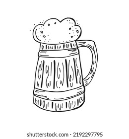 Oktoberfest 2022 - Beer Festival. Hand-drawn Doodle Elements. German Traditional holiday. Black outline on a white background. Wooden mugs of beer.