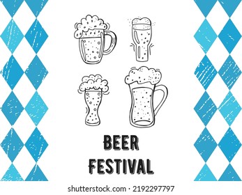 Oktoberfest 2022 - Beer Festival. Hand-drawn set of Doodle Elements. German Traditional holiday. Outline glass beer mugs with lettering and blue rhombuses on a white background.