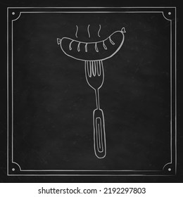 Oktoberfest 2022 - Beer Festival. Hand-drawn Doodle bavarian sausage on a fork on a black chalk board. German Traditional holiday. 