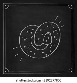 Oktoberfest 2022 - Beer Festival. Hand-drawn Doodle brezel with sesame seeds on a black chalk board. German Traditional holiday. 