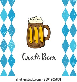 Oktoberfest 2022 - Beer Festival. Hand-drawn Doodle Elements. German Traditional holiday. Wooden mug of beer on a white background with blue rhombuses and lettering.