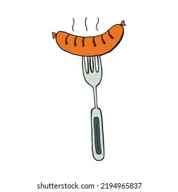 Oktoberfest 2022 - Beer Festival. Hand-drawn Doodle bavarian sausage on a fork on a white background. German Traditional holiday. 