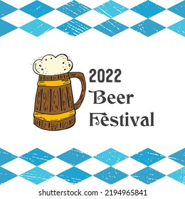 Oktoberfest 2022 - Beer Festival. Hand-drawn Doodle Elements. German Traditional holiday. Wooden mug of beer on a white background with blue rhombuses and lettering.