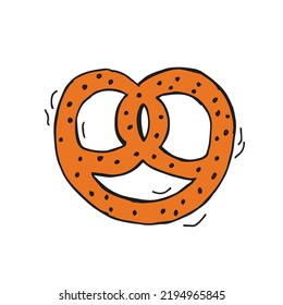 Oktoberfest 2022 - Beer Festival. Hand-drawn Doodle brezel with sesame seeds on a white background. German Traditional holiday. 