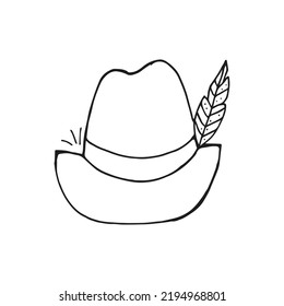 Oktoberfest 2022 - Beer Festival. Hand-drawn Doodle outline hat with a feather on a white background. German Traditional holiday. 