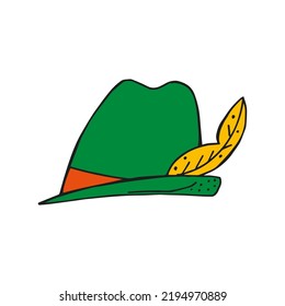 Oktoberfest 2022 - Beer Festival. Hand-drawn Doodle green hat with a feather on a white background. German Traditional holiday. 