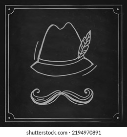 Oktoberfest 2022 - Beer Festival. Hand-drawn Doodle hat with a feather and moustache on a black chalk board. German Traditional holiday. 