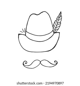 Oktoberfest 2022 - Beer Festival. Hand-drawn Doodle outline hat with a feather and moustache on a white background. German Traditional holiday. 