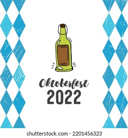 Oktoberfest 2022 - Beer Festival. Hand-drawn Doodle Elements. German Traditional holiday. Glass bottle of beer on a white background with blue rhombuses and lettering.