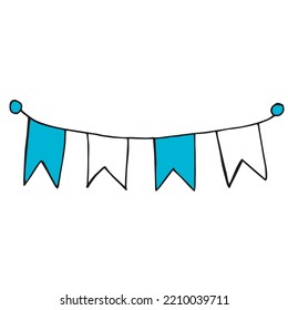 Oktoberfest 2022 - Beer Festival. Hand-drawn Doodle festive garland of white and blue flags on a white background. German Traditional holiday.