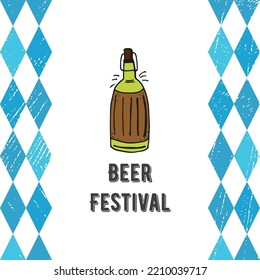 Oktoberfest 2022 - Beer Festival. Hand-drawn Doodle Elements. German Traditional holiday. Glass bottle of beer on a white background with blue rhombuses and lettering.