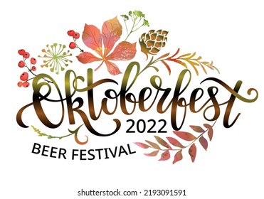 Oktoberfest 2022 festive banner. Oktoberfest handwritten lettering design with autumn leaves. Design template event celebration. Vector illustration.