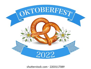 Oktoberfest - 2022 - afiche con banderol, patrón rhombus, pretzel y edelweiss, Cultura alemana, 
Ilustración del vector aislada en fondo blanco
