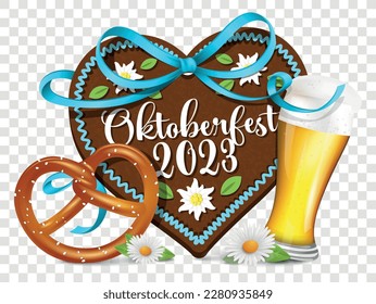 Oktoberfest 2023 gingerbread heart with beer glass and pretzel. Vector symbol isolated on transparent backrgound. German language