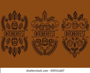 Oktoberfest. 3 picture on a brown background. hand drawn label elements. 