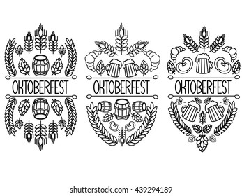Oktoberfest. 3 picture on a white background. Hand drawn label elements. Oktoberfest traditional food and attributes on craft