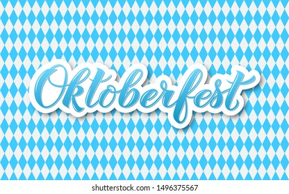 Oktoberfest 3d calligraphy hand lettering on blue white checkered background. Bavarian beer festival. Vector template  for your logo design,  poster, banner, flyer, tee-shirt, invitation. 