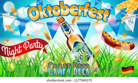 Oktoberfest Ad Poster, Drinking Bottle, Glass Beverage with High Quality Beer, Night Party, Green Hops and Grass, Sausage, Germany Flag, Promotion Banner, Hand Drawn, Realistic Vector 3D Illustration