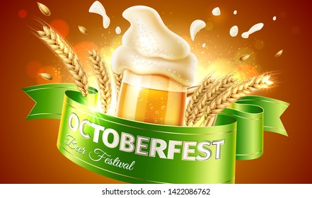 Oktoberfest advertising poster with realistic beer glass with splashing froth and wheat ears and ribbon flag. Traditional bavarian brewery festival, symbol of germany. Vector banner template