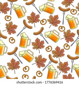 Oktoberfest alcoholic beverage poured in glass seamless pattern or beer, sausages and pretzels. Sausage with meat, refreshing alcohol. Maple tree leaves and traditional snack. Vector in flat style