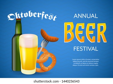 Oktoberfest annual beer festival banner with sausage on fork, pretzel, lager and beer bottle on blue stripped background. Lettering can be used for invitations, signs, announcements