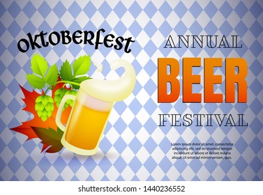 Oktoberfest annual beer festival banner design with lager and leaves on blue and white checkered background. Lettering can be used for invitations, signs, announcements