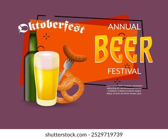 Oktoberfest Jahresbierfest Banner mit Wurst auf Gabel, Brezel, Lager und Bierflasche auf abstraktem Hintergrund. Beschriftungen können für Einladungen, Schilder, Ankündigungen verwendet werden