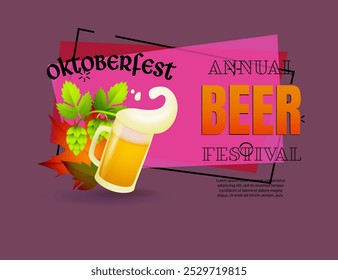 Oktoberfest Jahresbierfest Banner Design mit Lager und Blättern auf abstraktem Hintergrund. Beschriftungen können für Einladungen, Schilder, Ankündigungen verwendet werden