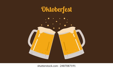 Oktoberfest annual beer festival in Germany banner. Popular cultural event in world. Mugs with beer. Second half of September beginning of October. Poster invitation template. Vector illustration.