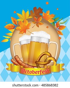 Oktoberfest background with beer, autumn leaves, pretzels, sausages