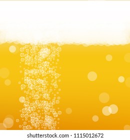 Oktoberfest background with beer. Cool white foam with bubbles and spray. October Bavarian festival. Fresh mug of beer for bar design. Realistic oktoberfest background for fest flyer and banner.