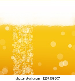 Oktoberfest background with beer. Cool white foam with bubbles and spray. October Bavarian festival. Fresh pint of lager for pub design. Realistic oktoberfest background for fest flyer and banner.