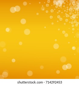 Oktoberfest background with beer. Cool white foam with bubbles and spray. October Bavarian festival. Fresh mug of beer for bar design. Realistic oktoberfest background for fest flyer and banner.