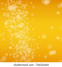 Oktoberfest background with beer. Cool white foam with bubbles and spray. October Bavarian festival. Fresh mug of beer for bar design. Realistic oktoberfest background for fest flyer and banner.