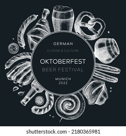 Oktoberfest background. Beer festival sketched wreath. German food and drinks menu design on chalkboard. Oktoberfest party flyer. Meat dishes sketches. German cuisine vintage template