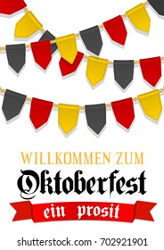 Oktoberfest background for beer festival and travelling funfair. Red ribbon with text welcome. Bunting decoration in colors of German flag for party, celebration. Greeting card, flyer, poster template