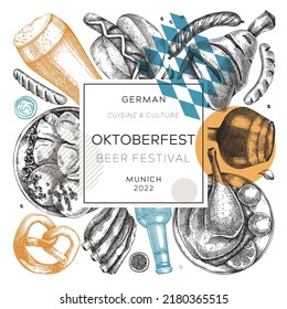 Oktoberfest background. Beer festival wreath in collage style. German food and drinks menu design. Vector meat dishes sketches. German cuisine vintage frame. Oktoberfest party card or invitation