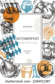 Fondo del Oktoberfest. La corona del festival de la cerveza en estilo collage. El diseño de la carta de comida y bebida alemana. Esbozos de carne vectorial. Marco vintage de cocina alemana. Tarjeta de fiesta Oktoberfest o invitación