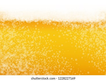 Oktoberfest background. Beer foam. Craft lager splash. German pint of ale with realistic white bubbles. Cool liquid drink for restaurant flyer concept. Yellow jug with oktoberfest.