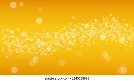 Oktoberfest background. Beer foam. Craft lager splash. pab banner layout. Czech pint of ale with realistic white bubbles. Cool liquid drink for Gold bottle with oktoberfest.