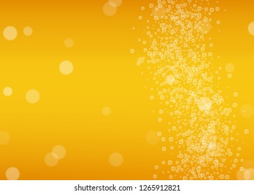 Oktoberfest background. Beer foam. Craft lager splash. pab flyer layout. Festive pint of ale with realistic white bubbles. Cool liquid drink for Gold glass with oktoberfest.