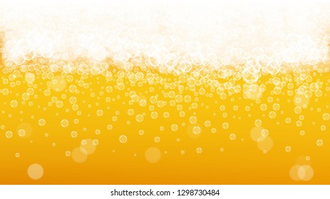 Oktoberfest background. Beer foam. Craft lager splash. Pour pint of ale with realistic white bubbles. Cool liquid drink for bar banner design. Yellow mug with oktoberfest.