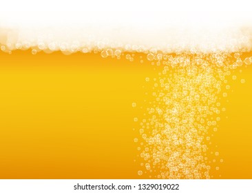 Oktoberfest background. Beer foam. Craft lager splash. pub banner layout. German pint of ale with realistic white bubbles. Cool liquid drink for Golden glass with oktoberfest.