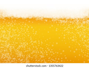 Oktoberfest background. Beer foam. Craft lager splash. Cold pint of ale with realistic white bubbles. Cool liquid drink for pab flyer layout. Golden bottle with oktoberfest.