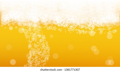 Oktoberfest background. Beer foam. Craft lager splash. Shiny pint of ale with realistic white bubbles. Cool liquid drink for bar banner layout. Gold bottle with oktoberfest.