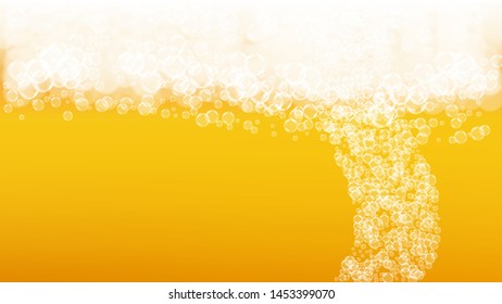 Oktoberfest background. Beer foam. Craft lager splash. Shiny pint of ale with realistic white bubbles. Cool liquid drink for restaurant menu layout. Golden cup with oktoberfest.